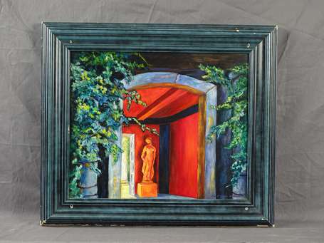 LECORDIER (Xxe s) - Le patio. Huile sur toile 