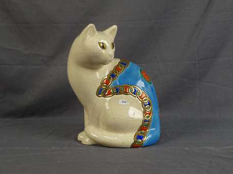 LONGWY - Chat assis sujet en faïence décor en 