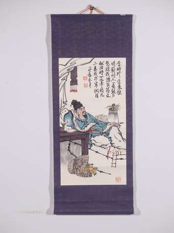 CHINE XXè siècle Le poète Kakemono  H. 78 cm