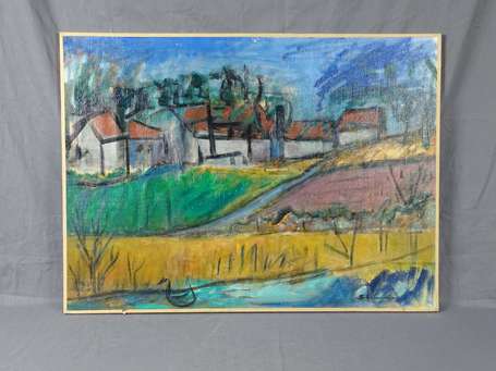 LECARON Solange (1894-1980) Paysage rural. Huile 