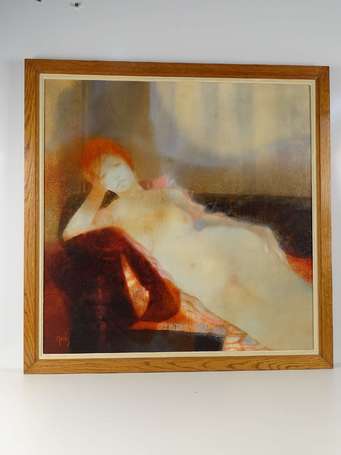 GELIS Daniel (1942-) Nue au divan rouge. Huile sur