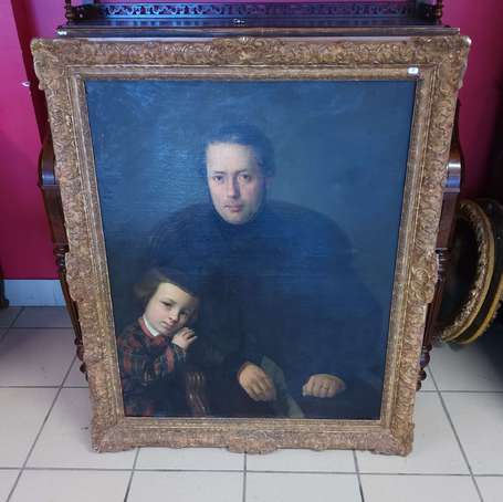 ECOLE  XIXe. Portrait d'homme et son fils. Huile 