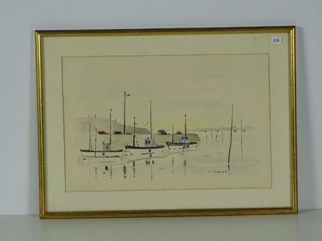 MAURA Robert (1934-2015) Bateaux à quai Aquarelle 