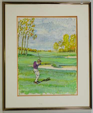 LE CLAQUIN Loïc (?-1992) Le golfeur Aquarelle et 