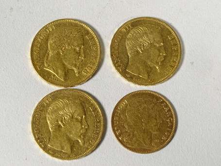 Trois pièces de 20 francs or Napoléon III et une 