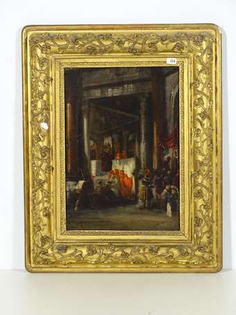 ECOLE XIXème, La Génuflexion, huile sur panneau 