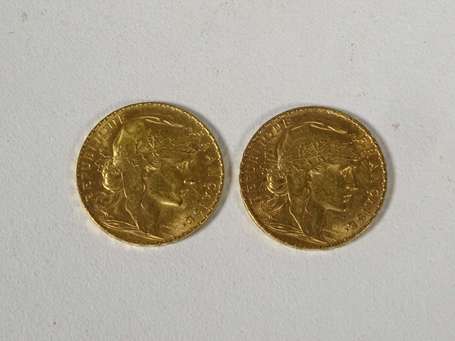 Deux pièces 20 Francs or type au Coq 1907 et 1914.