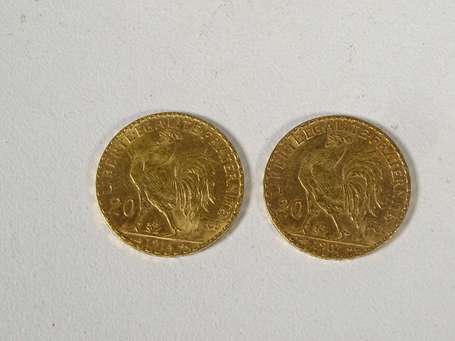 Deux pièces 20 Francs or type au Coq 1907 et 1914.