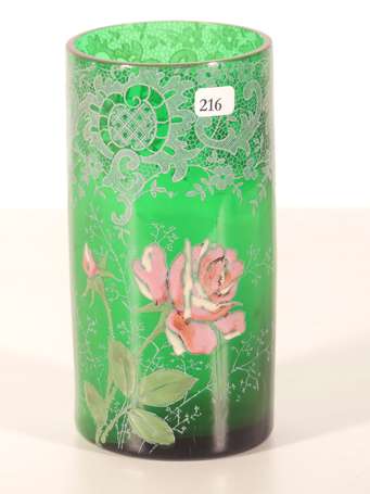 Vase tube en verre vert émaillé d'une rose 