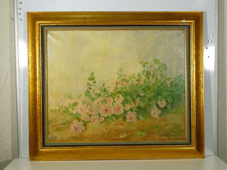 VINCENT C. début XXè Roses. Huile sur toile signée