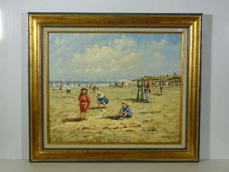 CRISTAUX Francis (1956) Enfants à la plage. Huile 