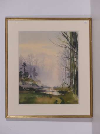 MENORRET XXè siècle Sous-bois Aquarelle, signée en