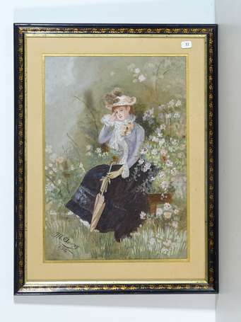 AUVRAY M. (XIXe) - Femme dans les fleurs. 