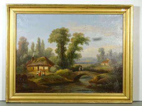 ECOLE XIXè siècle - Paysage au pont. Huile sur 