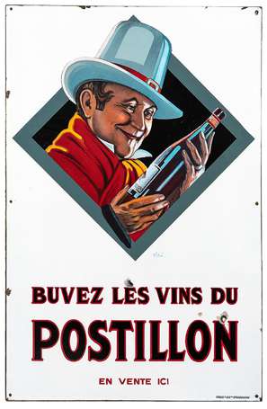 LES VINS DU POSTILLON : Importante plaque émaillée