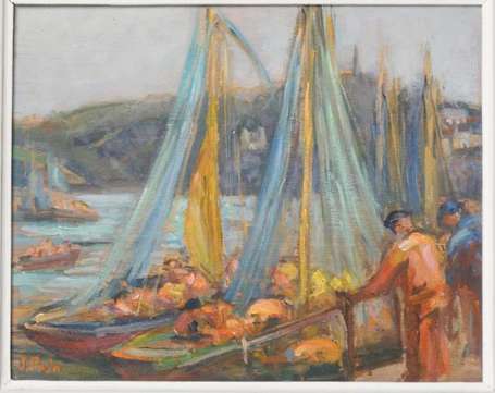 Prin J. XXe. Pêcheurs à quai. Huile sur panneau 