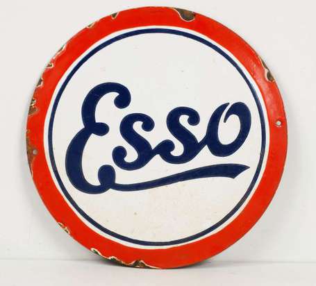 ESSO : Plaque émaillée ronde bombée. Diamètre : 