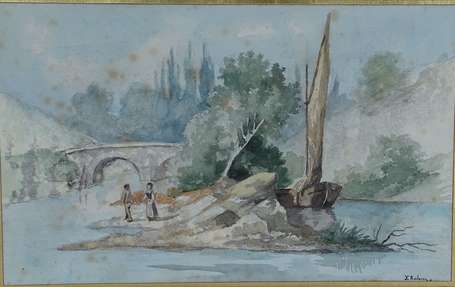 ROCHERON XXe - Bord de rivière. Aquarelle, signée 