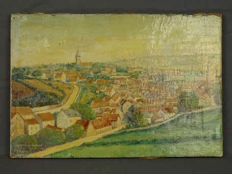 GARNIE E. XXe - Paysage urbain. Huile sur toile, 