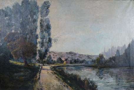 ECOLE XXe - Promenade au bord du canal. Huile sur 