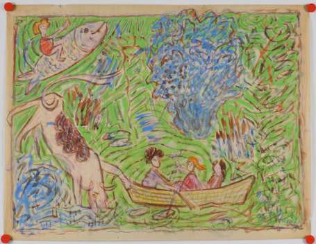 Noury Michel (1912-1986). Partie de pêche. Gouache