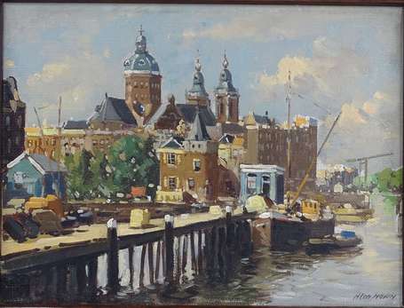 HOVEN H. Ten (1901-?) - Canal à Amsterdam. Huile 