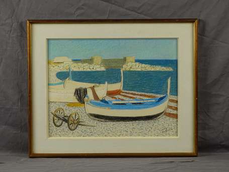 DUSSOUR Louis (1905- 1986) - Barques sur la plage,