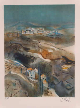 VALADIE XXe - Vue de village. Lithographie, signée