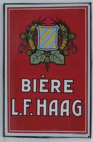 BIERE L.F HAAG :  Plaque émaillée plate à rebords.