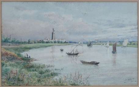 Charles A. XIXé S. Bateaux sur la Loire. Aquarelle