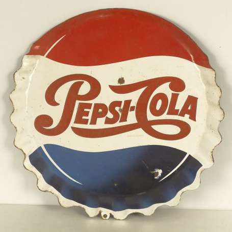 PEPSI-COLA : Plaque émaillée en forme de capsule. 