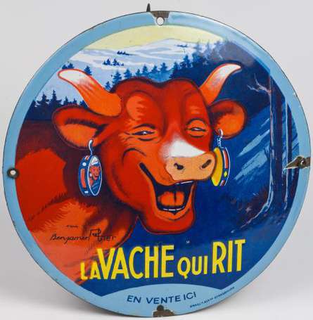 LA VACHE QUI RIT :  Plaque émaillée ronde bombée, 