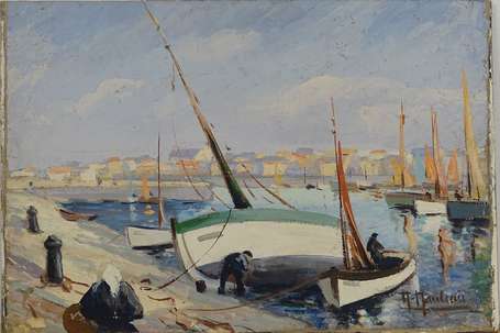 ECOLE XXe - Bateaux sur la grève. Huile sur toile 