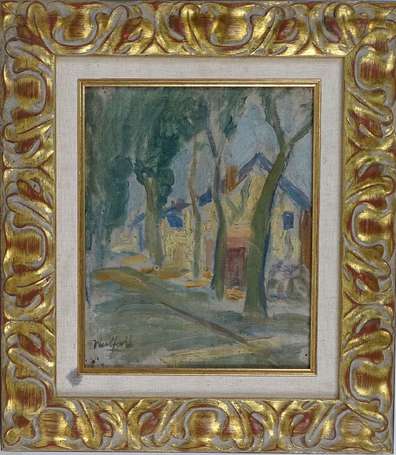 ECOLE XXe - Vue de village. Huile sur toile, 