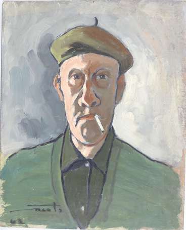 ECOLE XXe - Portrait d'homme au beret. Huile sur 