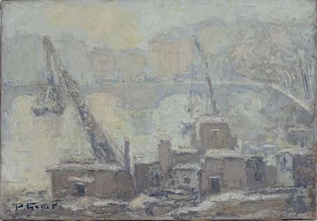GENET P. (1892-1983) - Les docks. Huile sur toile,