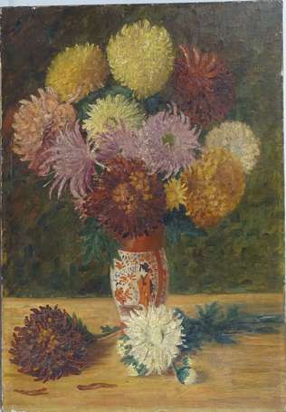 ECOLE XXe - Bouquet de chrysanthèmes au vase 