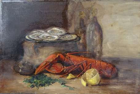 ECOLE XXe - Nature morte au homard. Huile sur 