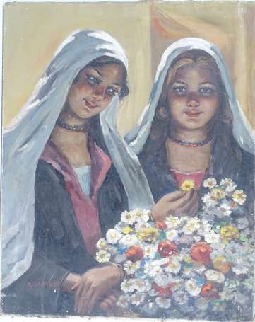 SAFIEF R. XXe - Jeunes berbères au bouquet. Huile 