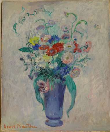 BARTHES Louis XXe - Bouquet de fleurs au vase bleu