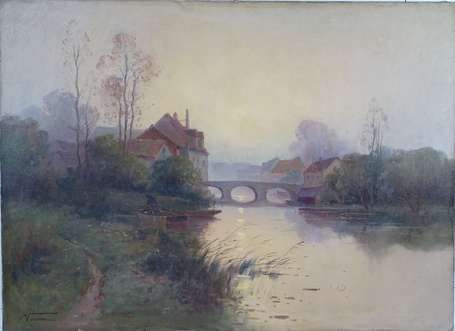 VERNON XXe - Paysage au pont. Huile sur toile, 