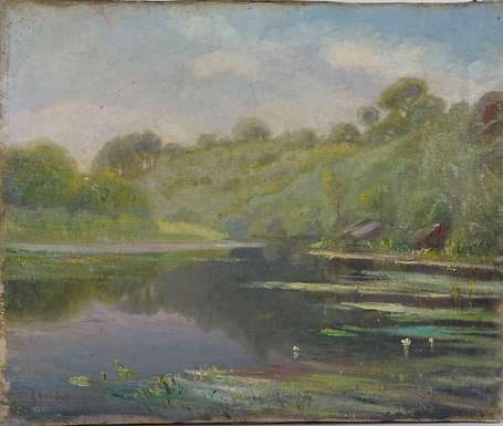 ECOLE XXe - Etang au nénuphares. Huile sur toile, 