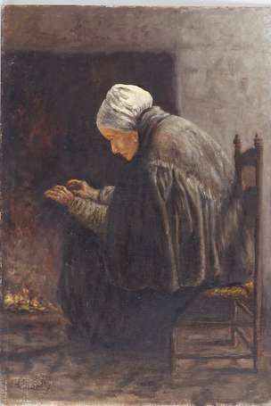 ECOLE XXe - Vieille femme au coin du feu. Huile 