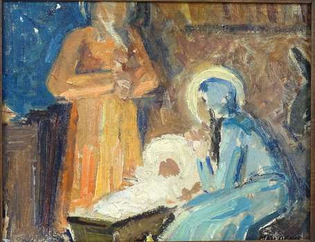 ECOLE XXe - Nativité. Huile sur panneau, signature