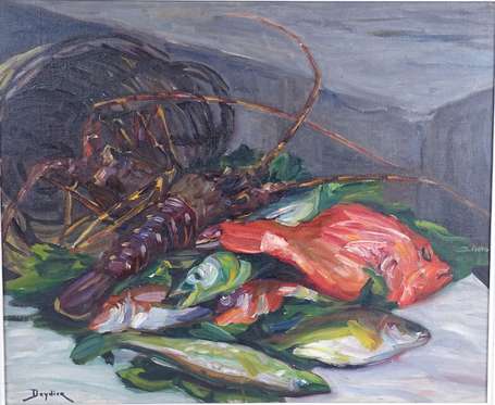 ECOLE XXe - Nature morte au homard. Huile sur 