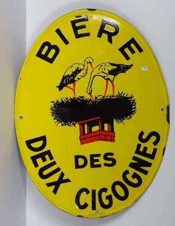 BIERE DES DEUX CIGOGNES : Plaque émaillée ovale à 