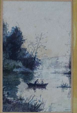 ECOLE XIXe - Barque sur un étang. Aquarelle signée