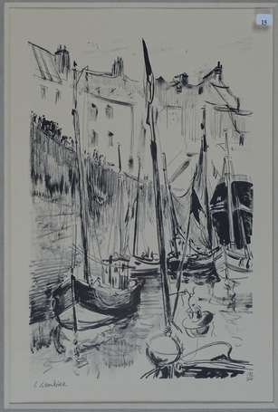 GAMBIER L. XXe - Port à marée basse. Lithographie,