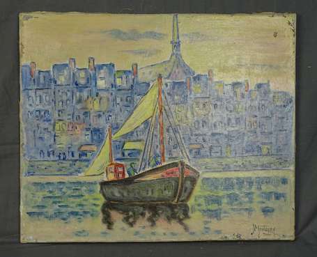 MONTAGNE J. XXe - Bateau au port. Huile sur toile,