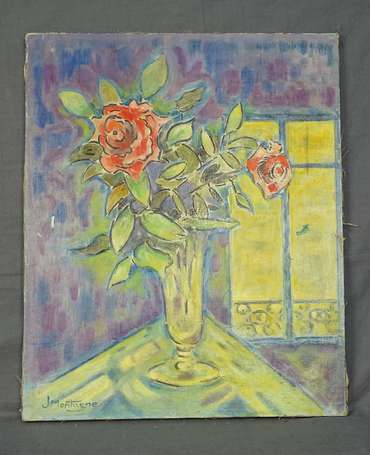MONTAGNE J. XXe - Bouquet de roses rouges. Huile 